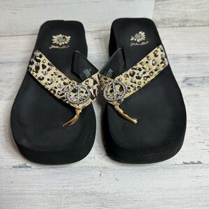 Yellow Box cheetah peace rhinestone flip flop